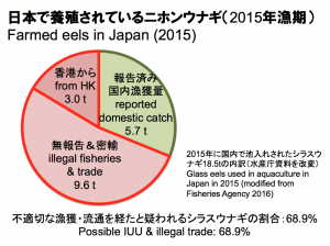 2015年漁期に日本国内の養殖場に池入れされたシラスウナギの内訳：輸入された３トンは全て香港からの輸入で、密輸が色濃く疑われる。国内漁獲のうち６割を超える9.6トンは密漁や無報告漁獲など、違法な漁獲。